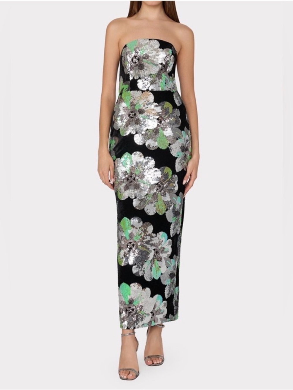 Milly Black Strapless Sequin Floral Maxi Dress with Silver & Green Accents